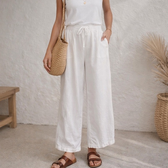 St. Tropez Pants - St Tropez West 100% Linen White Wide Leg Pants XL Coastal Grandma Resort capsule
